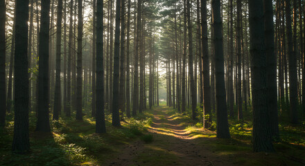  Peaceful Forest Path Under Soft Morning Light – Serene Pine Woods with Mist and Gentle Sunbeams
