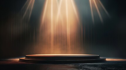 Aufkleber - Spotlight beams create a dramatic atmosphere over a circular table setup and sleek podium, ideal for presentations or award ceremonies in a grand venue