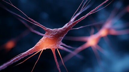 Leinwandbilder - An extreme macro view of spiky viral particles captured in radiant red and orange hues, suspended in a dark blue microscopic setting