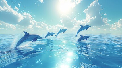 playful pod of dolphins leaping out of the ocean crystal clear blue waters reflecting the bright sun