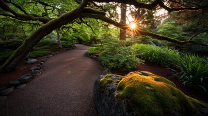 Poster - A sunlit garden path winds under a mossy stone arch, with golden light filtering through branches, creating a serene atmosphere for a stroll