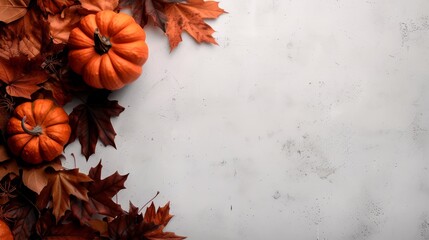 Poster - Centered mini pumpkin sits on textured white surface surrounded by dry orange and brown leaves, with subtle spiderweb detail enhancing the autumn feel