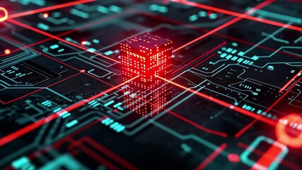 Poster - Closeup of a glowing red blockchain network with interconnected nodes and digital elements showcasing advanced technology and data flow in a modern virtual environment