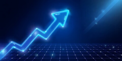 Poster - a blue neon arrow pointing upwards on a grid with a dark blue background and light flare effect