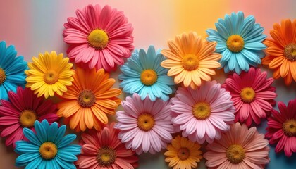 Aufkleber - Vibrant daisies bloom against rainbow gradient backdrop. Colorful flowers radiate joy, evoke feelings of happiness. Perfect for spring designs, cheerful projects. Expresses freshness, growth, nature,