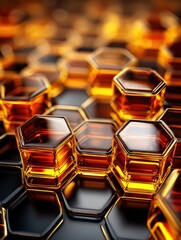 Poster - Macro View of Honeycomb Structure Showcasing Golden Honey Reflections Under Natural Light