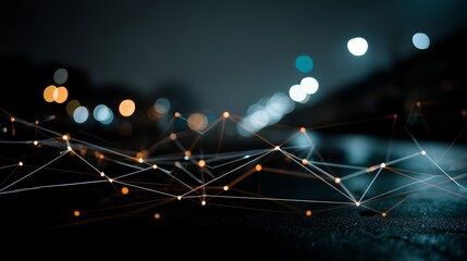 Fototapete - A glowing web of interconnected nodes illustrates smart home automation in a cityscape. The low-angle view captures the essence of connectivity and innovation