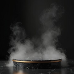 Poster - Black marble podium with smoke on black background. Empty stage, perfect product presentation. Vapor, mist effect. Modern tech design for brand, product placement, advertising, promo.