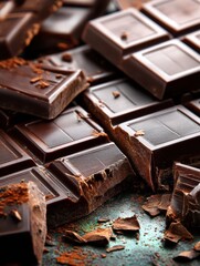 Poster - Macro View of Textured Chocolate Bar Broken Into Squares Showcasing Glossy Surface and Rich Details of Each Segment