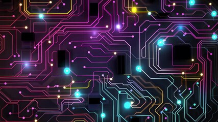 Poster - Neon circuit pattern glowing against a dark background showcasing vibrant colors and intricate designs typical of modern technology and electronic circuits