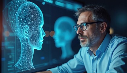 Poster - Man interacts with AI interface. Digital human, futuristic tech concept. Artificial intelligence innovation, machine learning tech. Modern cyberspace, neural network. AI deep learning, data analysis.