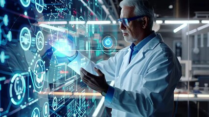 Poster - Scientist engaged in research using a futuristic interactive interface in a high-tech laboratory during evening hours
