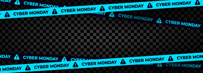Poster - Cyber Monday Sale Blue Warning Tape On Transparent Background. Perfect For Online Shopping Promotion, Discount Advertising, Social Media, And E-Commerce Marketing Design. Vector Illustration.