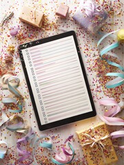 Poster - Healthy Checklist on Tablet Surrounded by Colorful Confetti and Sparkling Decorations for Celebration Planning