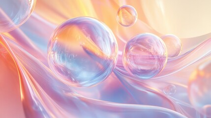Fototapete - A collection of transparent 3D abstract shapes floating in soft pastel colors, gently overlapping to create a dreamy, ethereal effect