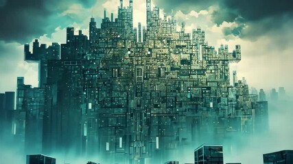Poster - An abstract representation of a secure digital fort rises in a futuristic landscape with towering structures and glowing pathways set against a misty background filled with light