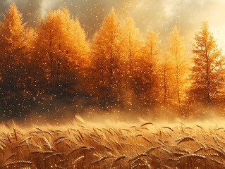 Wall Mural - a golden field under a fiery autumn forest canopy