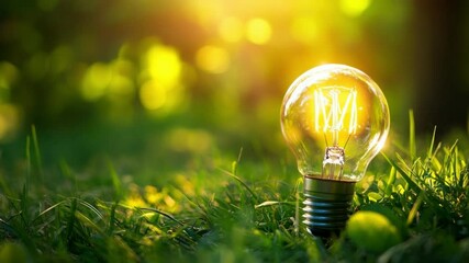 Poster - Illuminating idea: A brilliant light bulb, radiating warm illumination, rests peacefully amidst vibrant green grass, symbolizing sustainable concepts, illuminating ideas. 