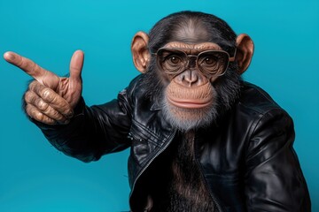 Wall Mural - cool chimpanzee wearing sunglasses and a leather jacket strikes a playful finger gun pose against a 