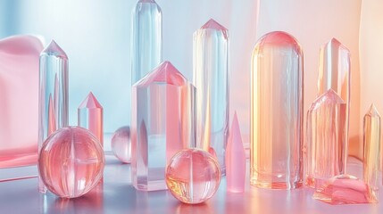 Fototapete - A futuristic collection of transparent 3D shapes in soft pastel colors, set against a clean, minimalistic background