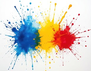 Aufkleber - Vibrant paint splash with blue yellow red colors on white background. Abstract art design concept. High energy artistic background for creative projects. Splatter paint texture. Dynamic modern pop
