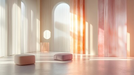 Poster - A minimalistic design featuring transparent abstract 3D shapes in muted pastel hues, softly reflecting light and casting subtle shadows