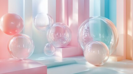 Fototapete - A surreal arrangement of floating translucent 3D forms in soothing pastel colors, blending seamlessly into a calming background