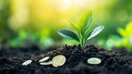 Poster - Invest in Growth: A symbol of financial growth, a vibrant plant emerges from the soil, with gold coins signifying monetary investment, all under the sun. Capturing the essence of nurture.