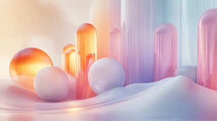 Fototapete - A visually soothing scene of abstract 3D shapes in translucent pastel tones, gently layered to create depth and harmony