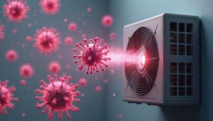 Poster - Illustration visualizes air conditioner with virus spread, health risk. Airborne pathogens, climate control, ventilation, cooling system, contamination concept. Pandemic, health, disease, infection,