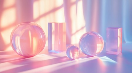 Fototapete - Delicate, translucent 3D geometric forms in pastel shades, arranged in a balanced composition against a soft gradient background 