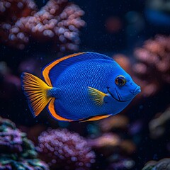 Wall Mural - Vibrant blue tang fish swimming in a lush coral reef