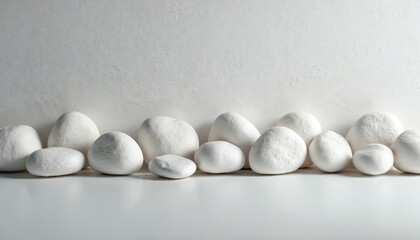 Poster - White pebbles against textured wall background. Minimalist zen composition ideal for meditation practice. Smooth zen stones on white surface. Calm peaceful environment.