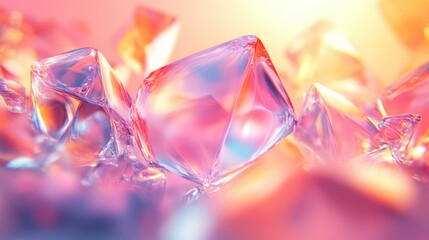 Fototapete - Light and airy 3D abstract shapes, transparent and pastel-colored, scattered gracefully over a smooth, gradient surface 