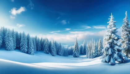 Wall Mural - winter forest landscape with snow covered on frost trees in the snowdrifts with beautiful sky illustration backdrop banner for christmas new year 2024 card generative ai