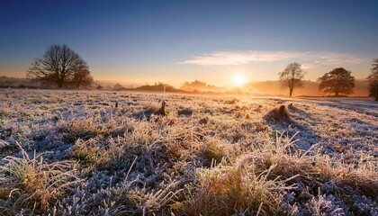 Wall Mural - first winter frost in sunrise light in countryside