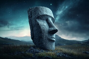 Wall Mural - a large stone head is sitting on a grassy hillside