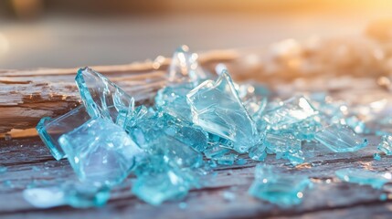 Aufkleber - shattered blue glass pieces scattered on a weathered wooden surface in soft sunlight during late aft