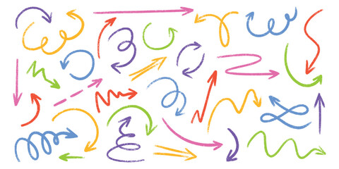 Poster - Pastel color crayon arrow doodles set - hand drawn swirls, curved lines, chaotic pointers. Rainbow chalk sketches, artistic design elements pack. Colorful grunge style marker scribbles, pencil stroke