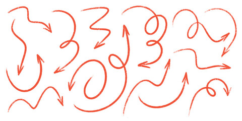 Poster - Red marker arrows pack - hand sketched doodle swirls, curved lines, pointers. Chaotic pencil scribbles, artistic design elements set. Chalk grunge style crayon strokes drawings vector illustration.