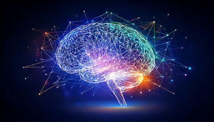 Poster - Abstract human brain illustration, glowing lines  dots depicting neural connections. Conceptual tech image for AI, neuroscience, and innovation.