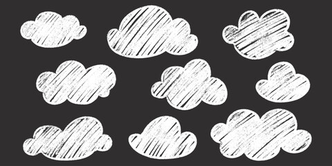 Wall Mural - chalk clouds kid drawing set white artistic handwritten style outlines drawn crayon on blackboard. c