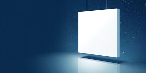 Poster - A square white object hanging in a blue room with stars and a reflective surface below it