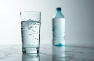 Poster - Glass clear water bubbles inside. Bottle with pure liquid on white background. Hydratation, fresh drink, healthy lifestyle, refreshment, clean, simplicity, thirst quench.