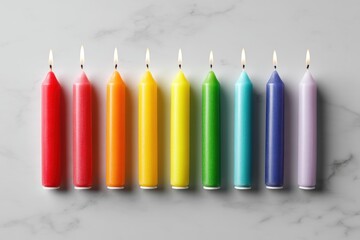 Poster - A vibrant array of rainbow-colored birthday candles, each topped with a small flame, arranged on a pristine white marble surface creating a festive and celebratory atmosphere.
