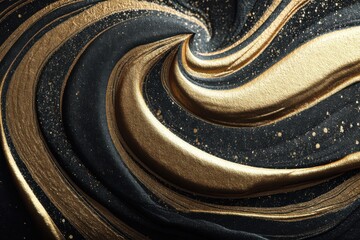 Poster - Elegant swirl of gold and black paint creating a textured abstract background, adding a touch of luxury with sparkling golden dust, resembling liquid metal artistry.