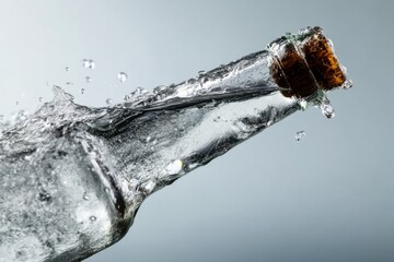 Poster - close-up shot captures the dynamism of water cascading over a glass bottle neck, sealed with a rusti