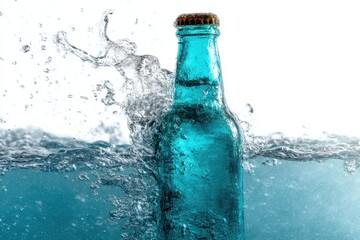 Poster - A refreshing turquoise soda bottle immersed in vibrant, splashing water, with droplets and bubbles, creating a dynamic and refreshing image for beverage advertising.
