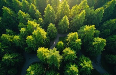 Poster - Aerial view forest canopy. Sunlight filters through green trees, creates dappled effect. Forest floor view. Nature background ideal eco design, sustainable lifestyle, outdoor recreation, travel