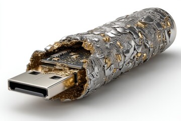 Poster - An innovative, high-tech USB drive with detailed circuit board design and metallic finish, showcasing modern technology and intricate engineering on a plain backdrop.